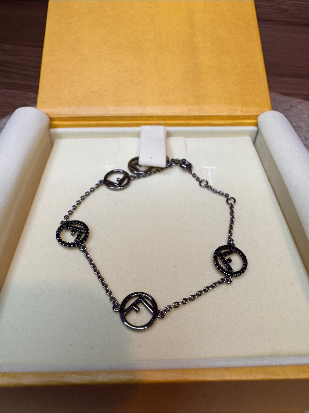 Fendi "F is Fendi" Logo Crystal Chain Bracelet Gunmetal Black with Box
